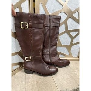 Diba Size 6 Brown Leather Riding Tall Boots stretch Low Heel Studded Zipper